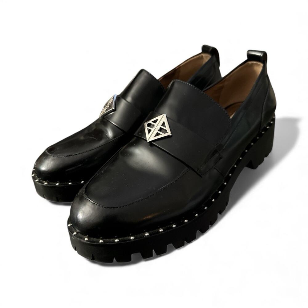 Antonio Melani Arrillo Black Platform Lug Sole Silver Accent Leather Loafers 8.5